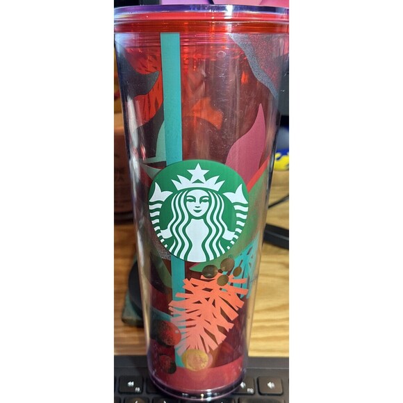 2019 STARBUCKS 24 Oz. Acrylic Cold Cup Tumbler HOLIDAY AUTUMN LEAVES HOLLY Rare - Picture 1 of 3